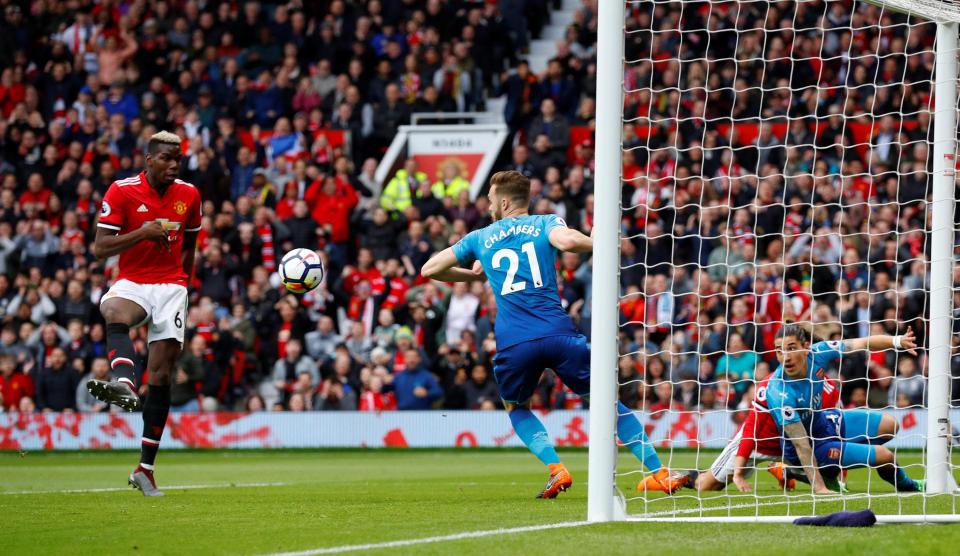  Paul Pogba fired Manchester United into a first half lead when left all alone in the box