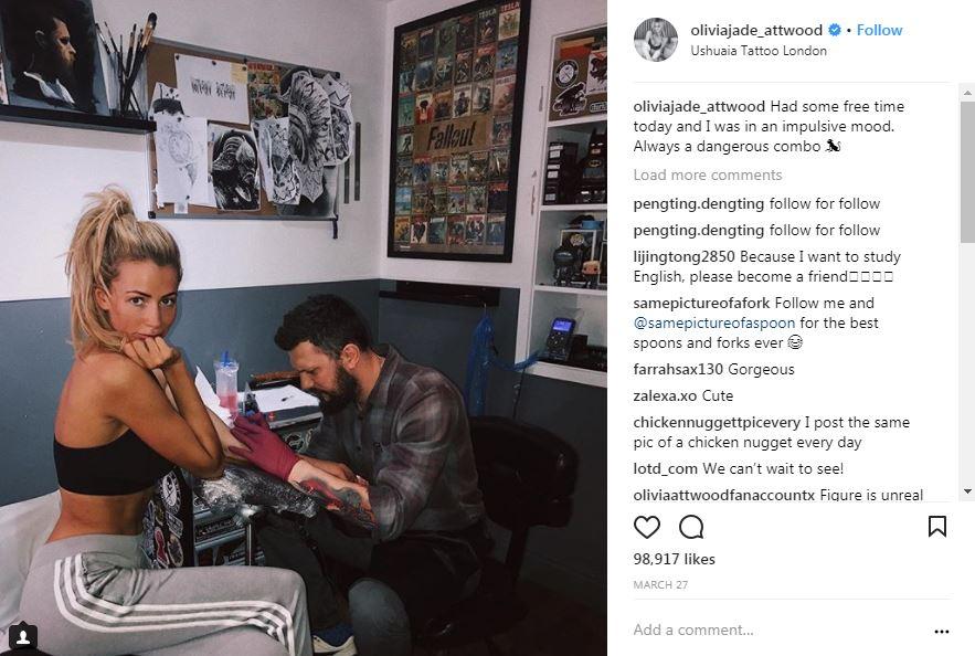  Olivia recently posted a picture of herself getting an 'impulsive' inking at the Ushuaia Tattoo parlour in London