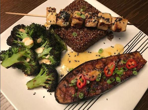  This recipe is a tofu kebab with miso and orange-marinated aubergine steak, req quinoa and broccoli