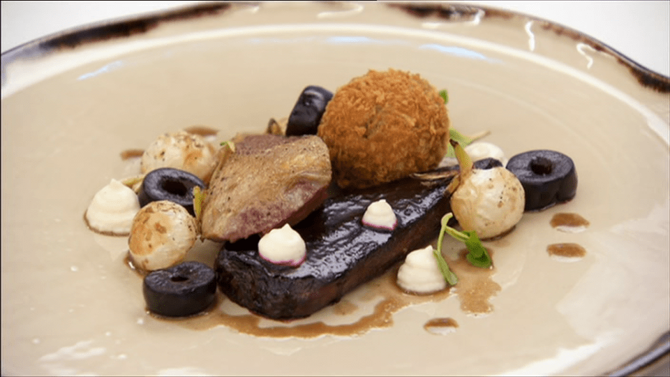  Kenny’s main course was a Squab pigeon breast and bon-bon, heritage beetroot, baby turnip, spiced cherries, bread sauce and game jus