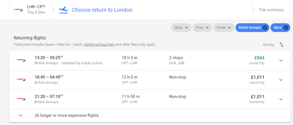  Direct flights from Heathrow to Cape Town are normally very expensive on British Airways