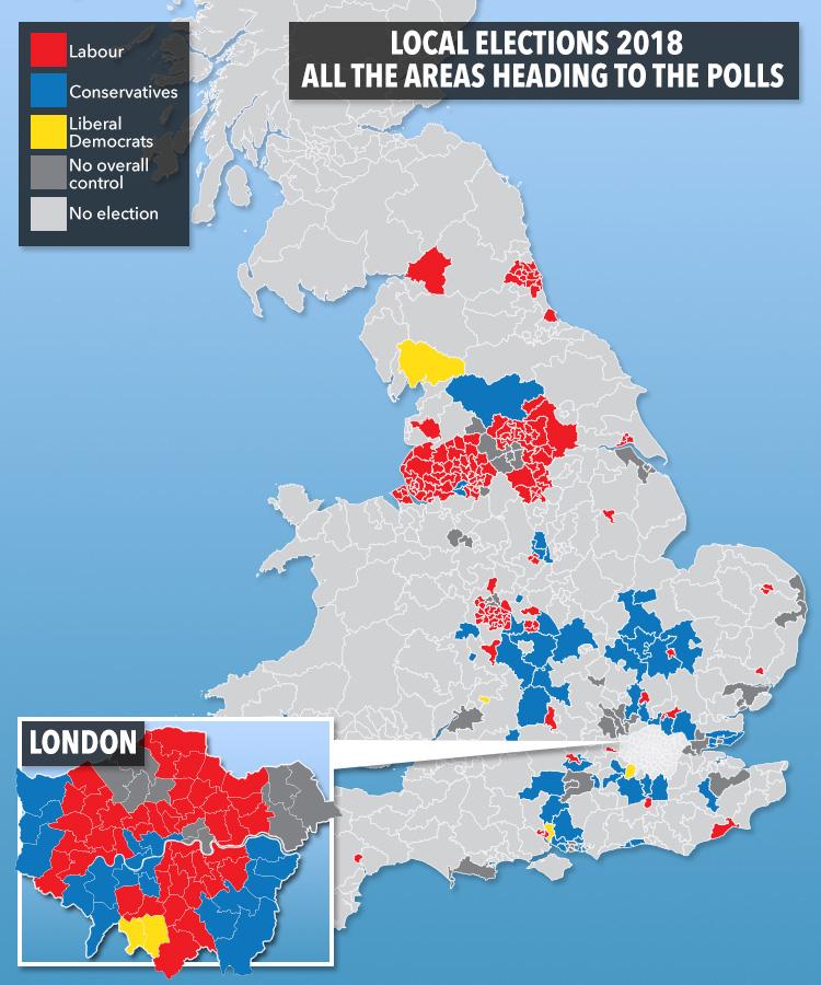  This map shows all the areas of England where local elections take place today