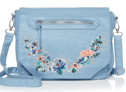  The bag showcases pretty floral embroidery with metallic trims, external and internal pockets and an adjustable strap