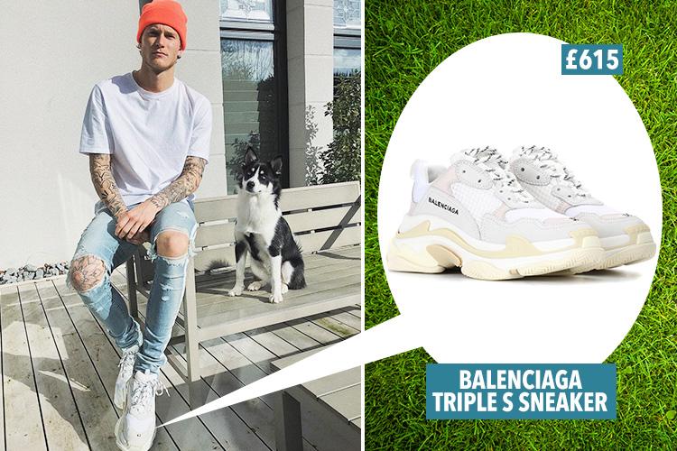  Loris Karius posing for a picture with his dog and a pair of Balenciaga's coveted Triple S trainers