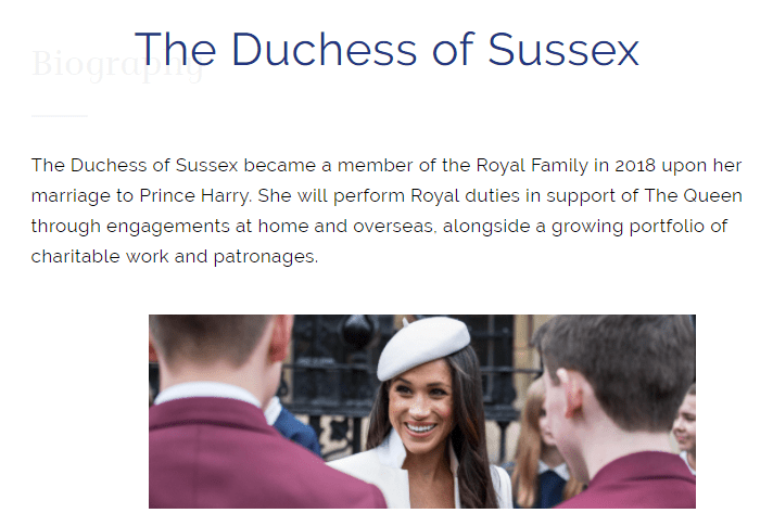  Meghan's page includes both a 'Biography' and an 'About The Duchess of Sussex' section