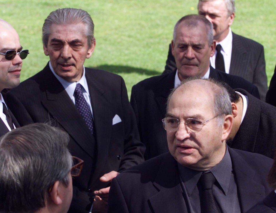 Former East End criminals Tony Lambriano, left and Freddie Foreman attend the funeral of Charlie Kray in 2000