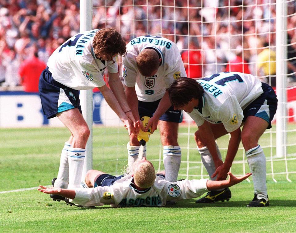  Paul Gascoigne mocks the 'dentist's chair' booze-up in his memorable celebration