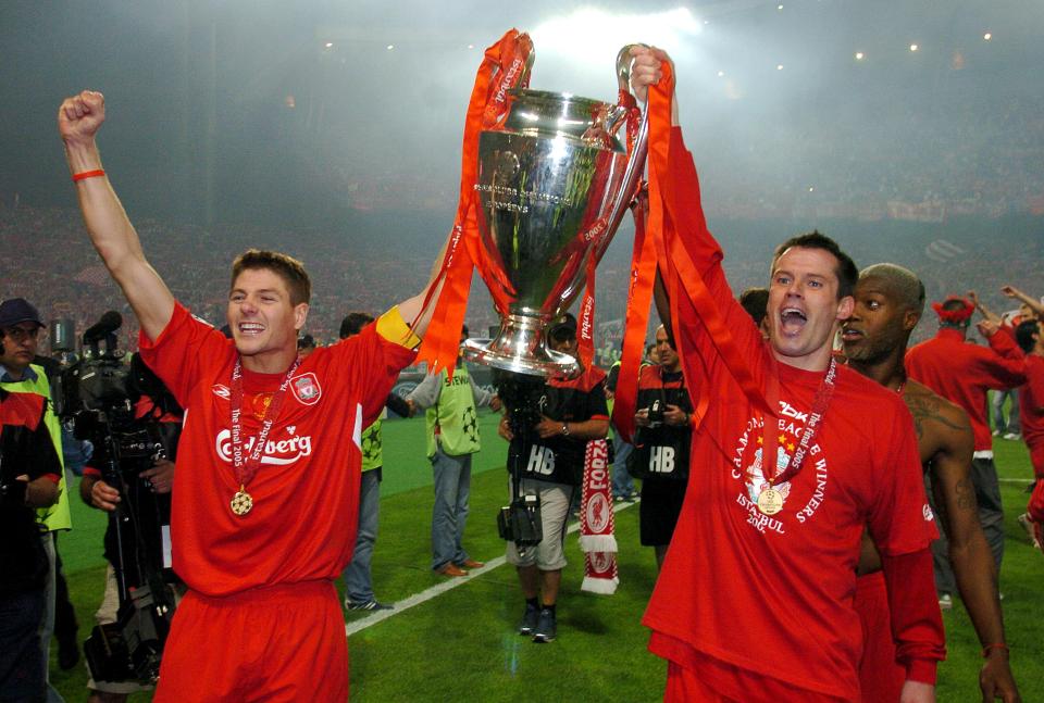  Steven Gerrard and Jamie Carragher celebrate winning the Champions League in 2005