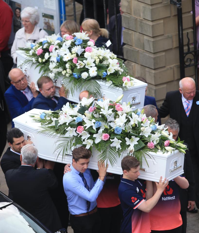  Destined to be together, the teens were inseparable until the end - pictured the coffins of Chloe (top) and Liam arriving at St Hilda's Church in South Shields, South Tyneside