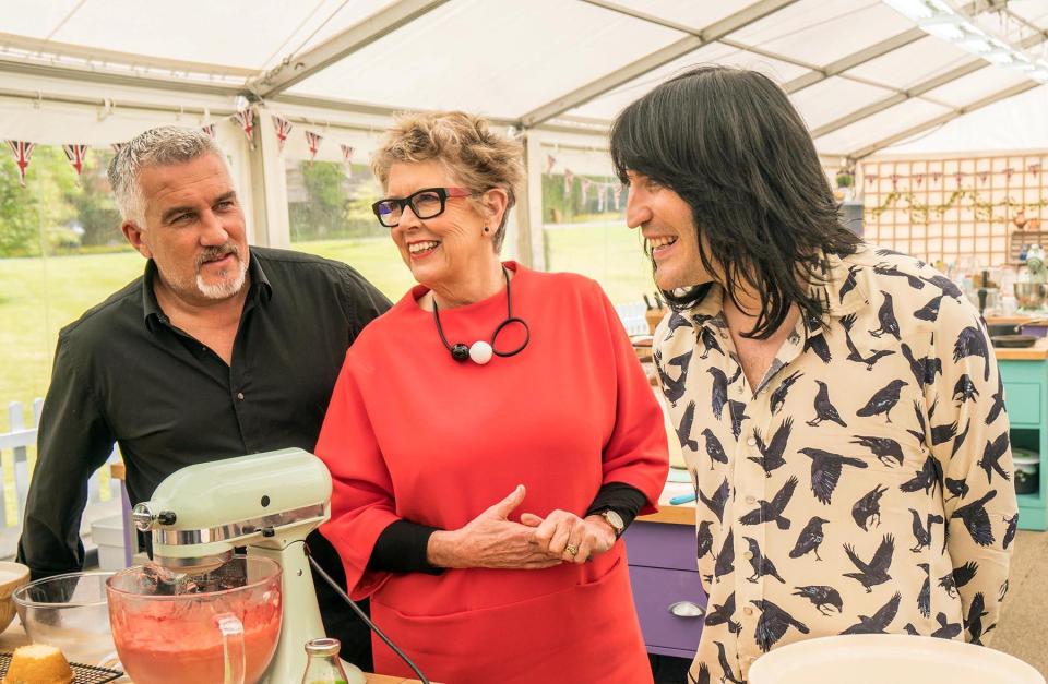  Left to right: Paul Hollywood, Prue Leith and Noel Fielding on The Great British Bake Off