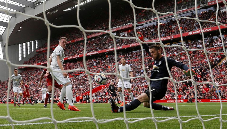  David De Gea was awarded 'save of the season' by Gary Neville for this stop against Liverpool