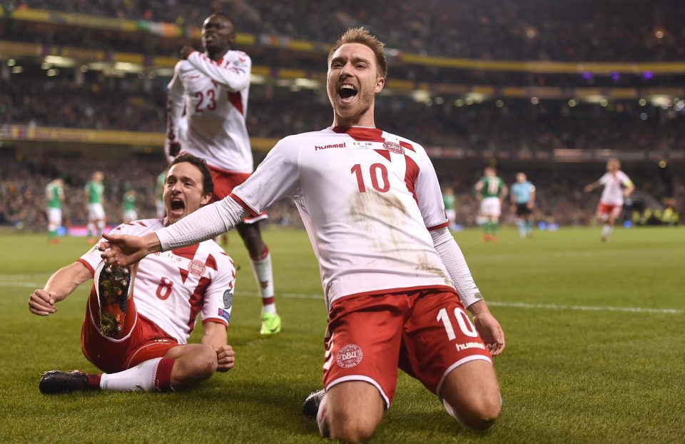  Christian Eriksen celebrates after scoring his side's third goal during the FIFA 2018 World Cup Qualifier Play-off versus Republic of Ireland