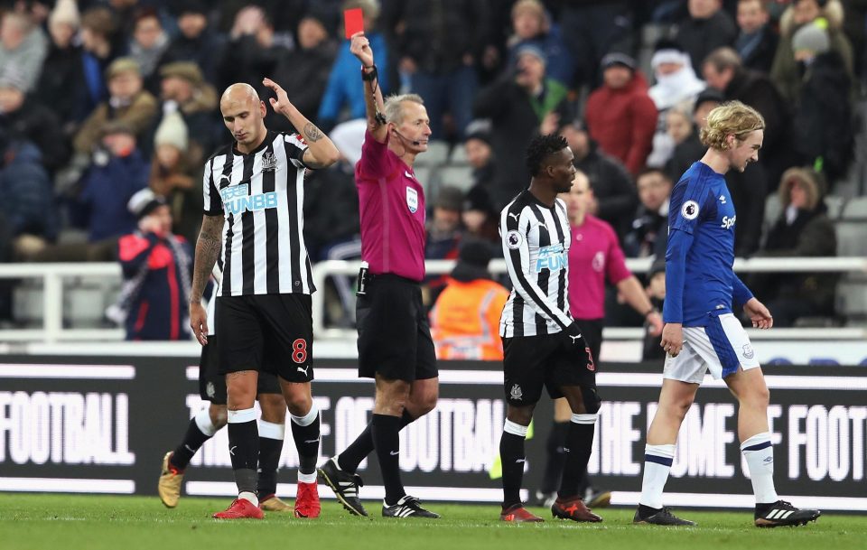  Toon ace Jonjo Shelvey received a second red card this season against Everton