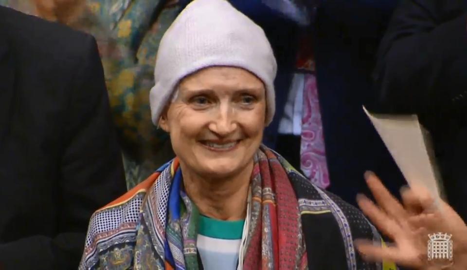  The former politician was diagnosed with a glioblastoma multiforme, pictured wearing a £250,000 cap that treated her cancer