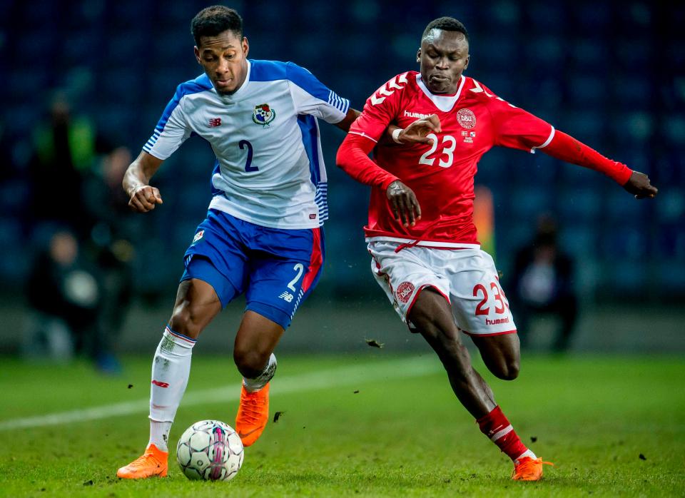  Denmark's Pione Sisto, right, challenges Panama's Michael Murillo in a friendly in March