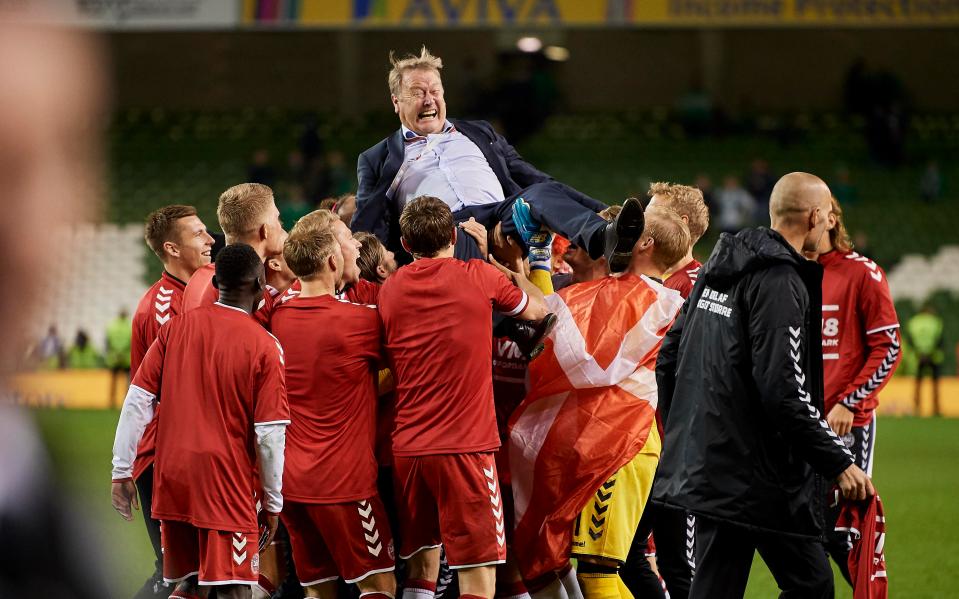 Boss Age Hereide celebrates with his side after the Irish win