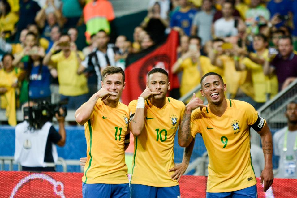  Coutinho and Jesus celebrate with star man Neymar, who faces a race against time to be fit for Russia