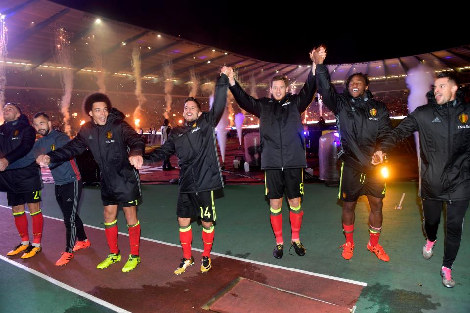  Belgium stars celebrate qualifying for the finals in Russia