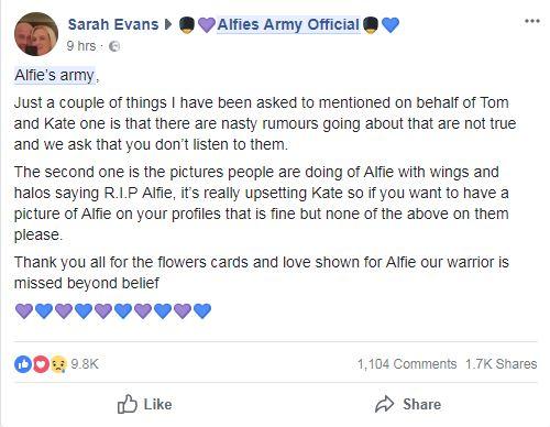  Sarah thanked Alfie's Army but warned them some of their behaviour was upsetting Kate