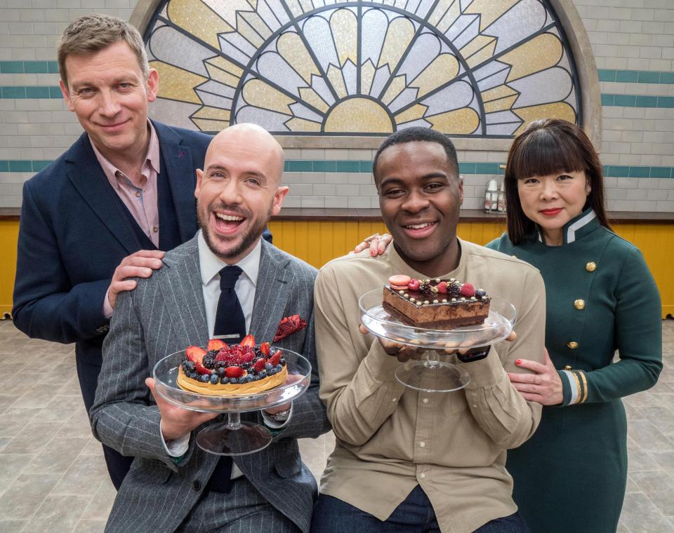  Liam is joined on the show by pstry chefs Cherish Finden, right, and Benoit Blin, far left, and comedian Tom Allen, centre left