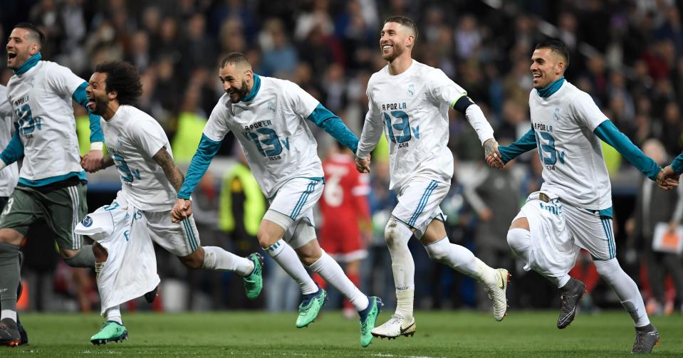  Real Madrid players celebrate after reaching third-straight Champions League final