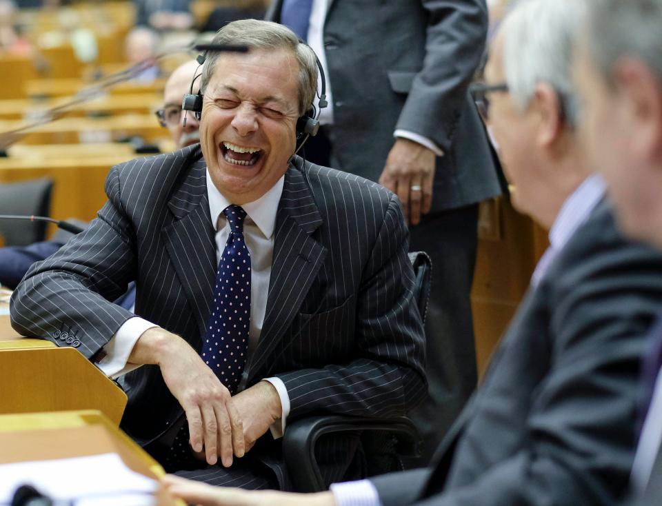  Former Ukip leader and MEP Nigel Farage shares a joke with President of the European Commission Jean-Claude Juncker