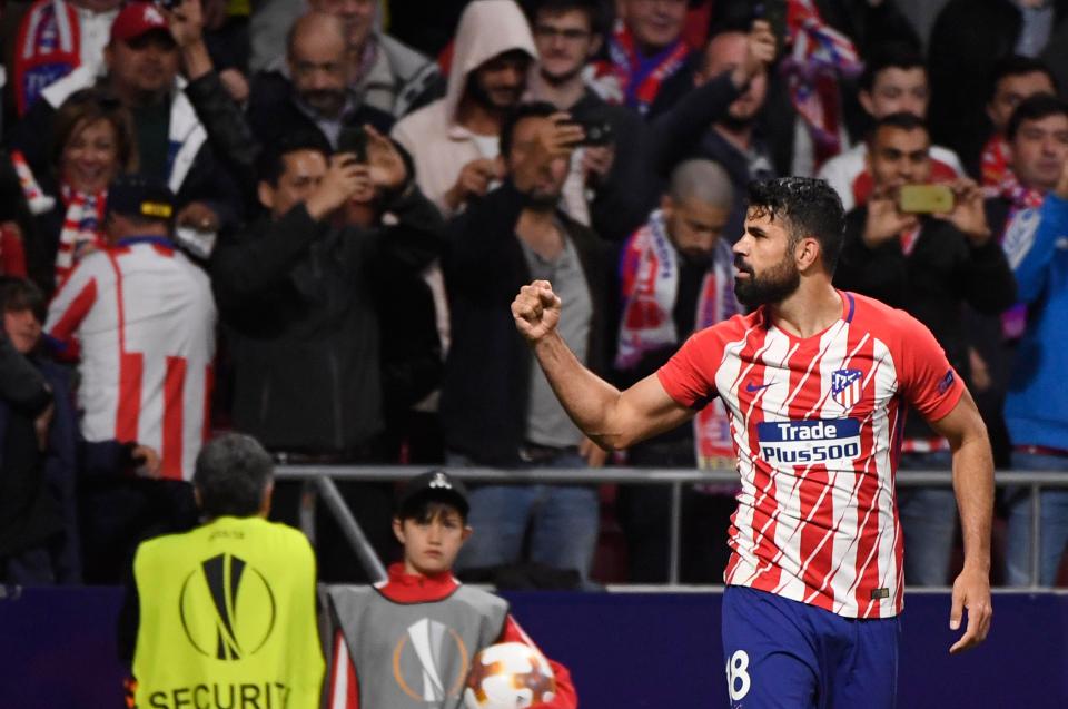  Diego Costa celebrates after scoring the only goal of the game against Arsenal