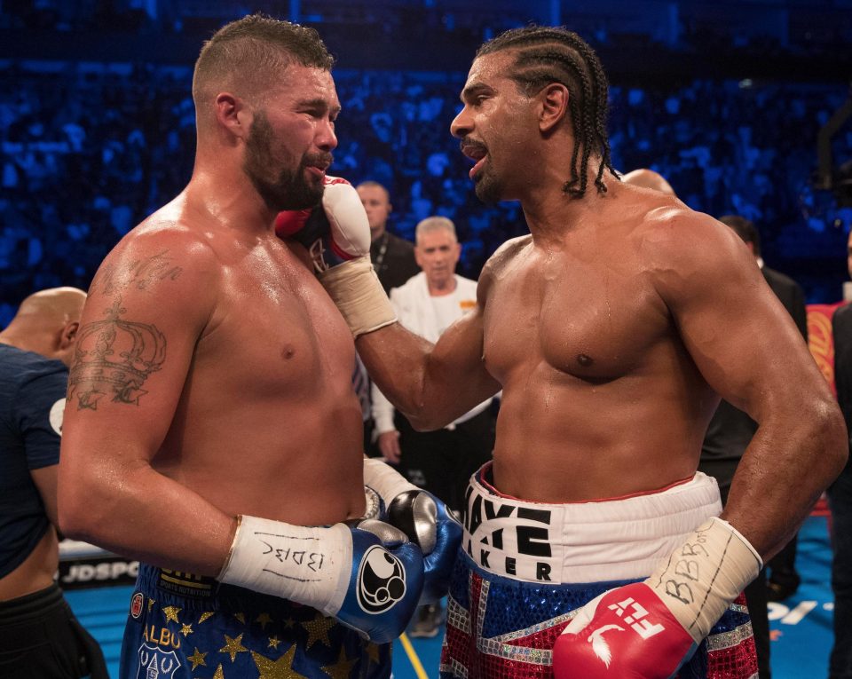  David Haye and Tony Bellew embrace after their explosive rematch on Saturday