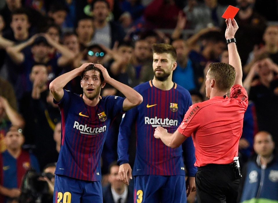  Sergi Roberto was shown a straight red for appearing to strike Marcelo during El Clasico