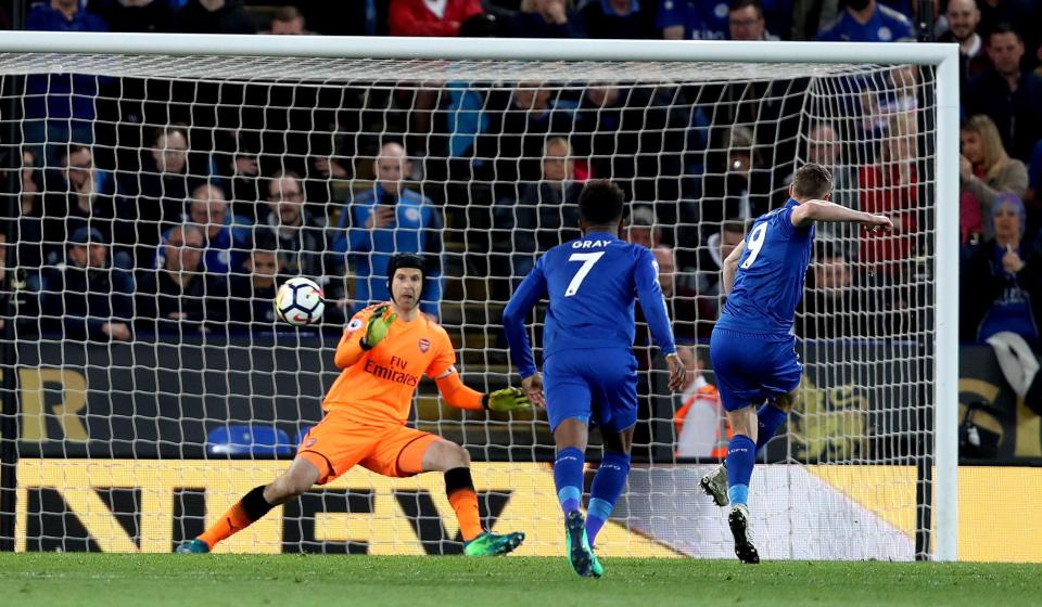  Vardy fires into the top left corner for Leicester's second goal last night