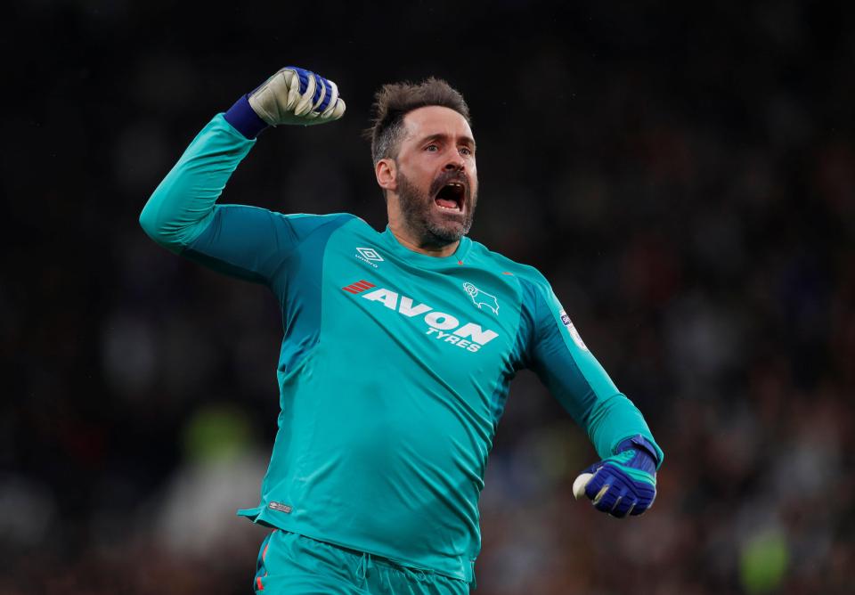  Derby goalkeeper Scott Carson celebrated like he had headed home the winner