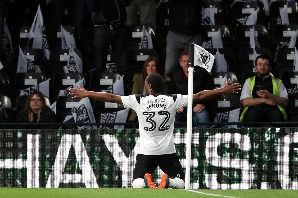  Derby striker Cameron Jerome headed home and slid into the corner to celebrate with fans