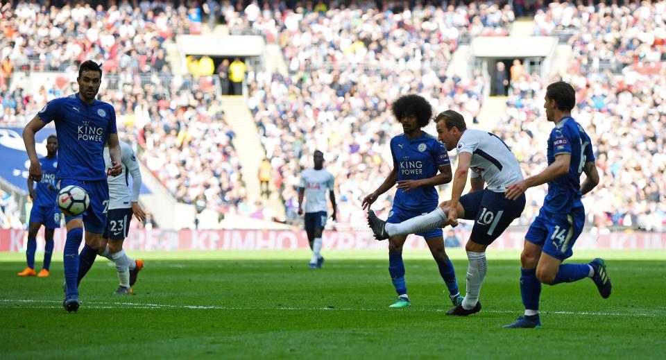  Harry Kane scored twice in a thrilling 5-4 win over Leicester at Wembley