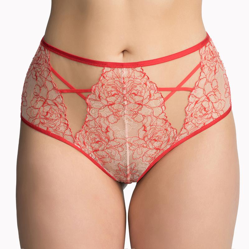 These high-waisted red lace pants make for a universally flattering fit