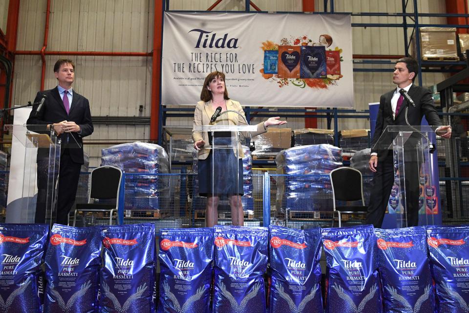  The ex-foreign secretary, right, teamed up with Remainer Nick Clegg, left, and Tory rebel Nicky Morgan, centre, in a speech at a rice factory