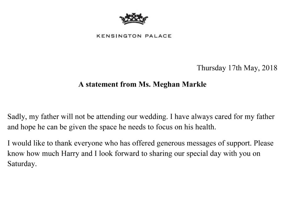 Meghan Markle released a statement today, saying her dad could not make it to the wedding