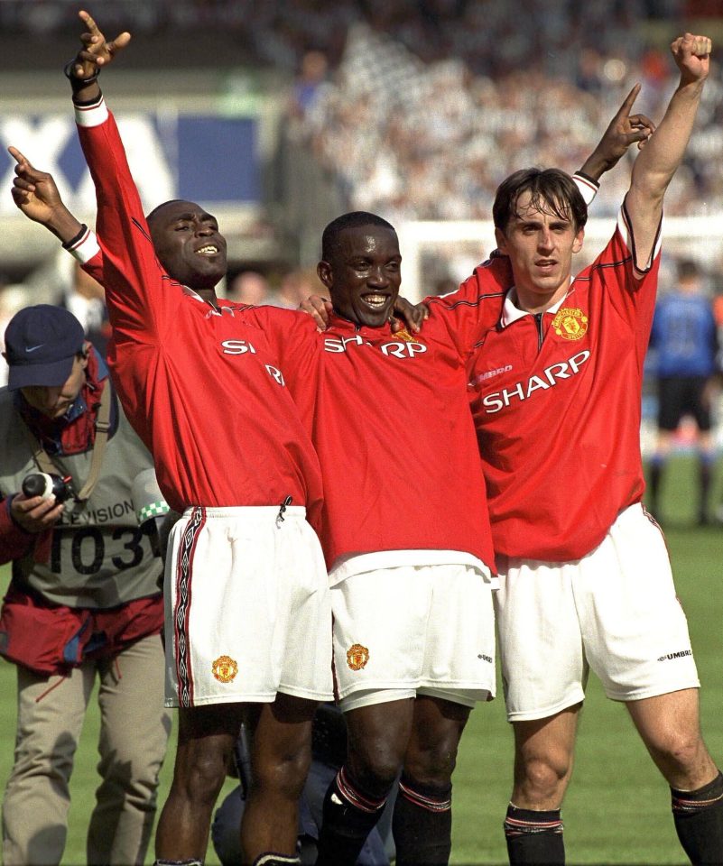  Andy Cole, Yorke and Gary Neville enjoy that Wembley winning feeling