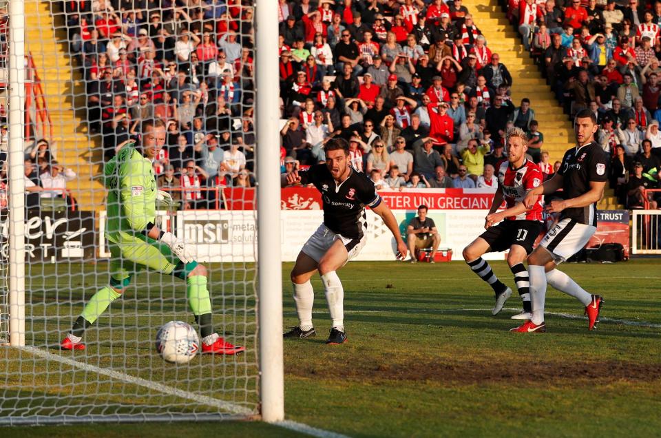  Jayden Stockley nets the Grecians' first goal at St James Park