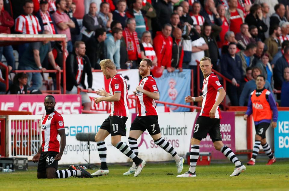  Hiram Boateng celebrates his stunning second goal for Exeter