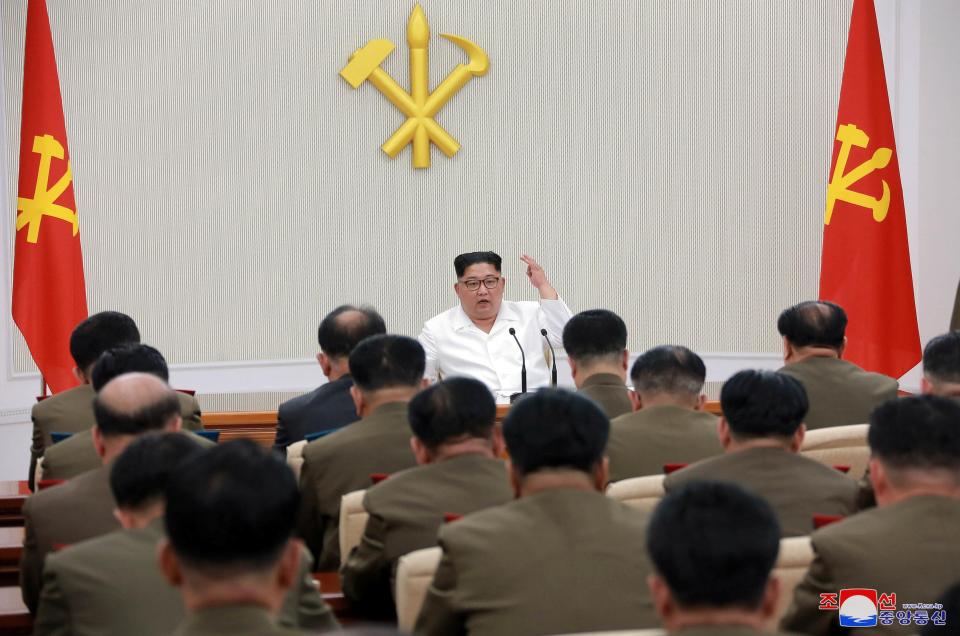  The officer ordered to death by Kim, seen here a addressing his top brass, was allegedly killed by firing squad