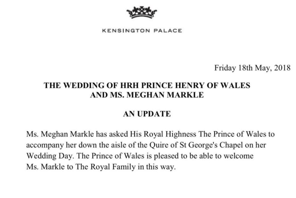  Kensington Palace released a statement saying the Prince of Wales would step into Meghan's father's shoes