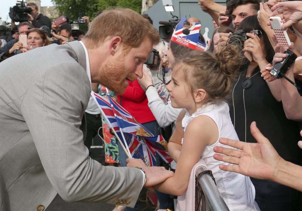  Prince Harry greets a young fan in Windsor who is ready for the wedding with her flags and family