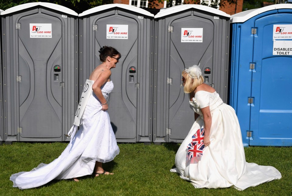 Later two of the brides pondered how to use the loo in their gowns