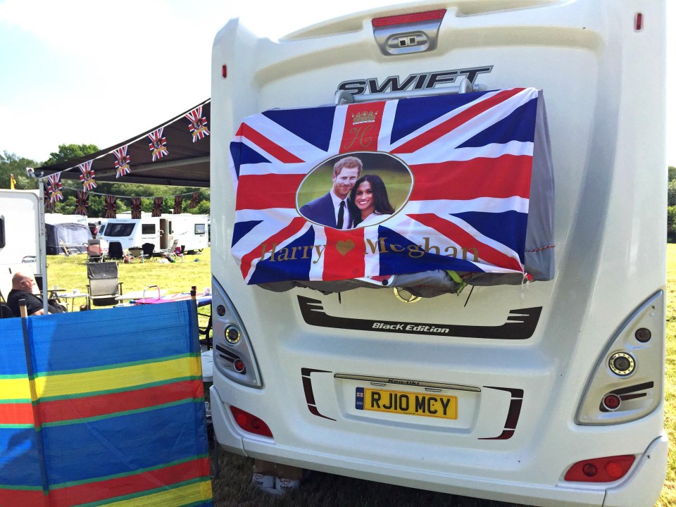 A patriotic caravan decorated with a flag and bunting at Trent Valley Camping and Caravanning Club in Nottinghamshire