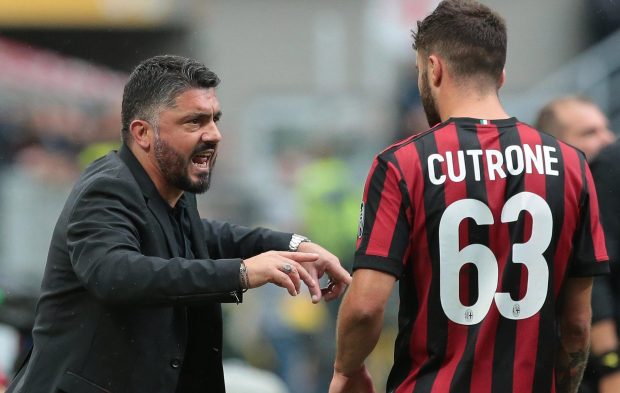 AC Milan boss Ivan Gennaro Gattuso gives instructions to Patrick Cutrone and might ultimately have to deal with a suspension from Europe