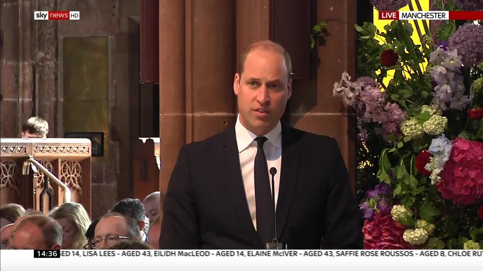 The Duke of Cambridge, Prince William, read from the Bible at the memorial service in Manchester