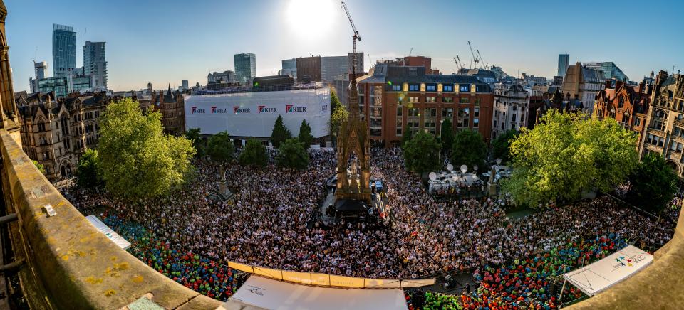  Tens of thousands gathered in St Ann’s Square earlier in the evening