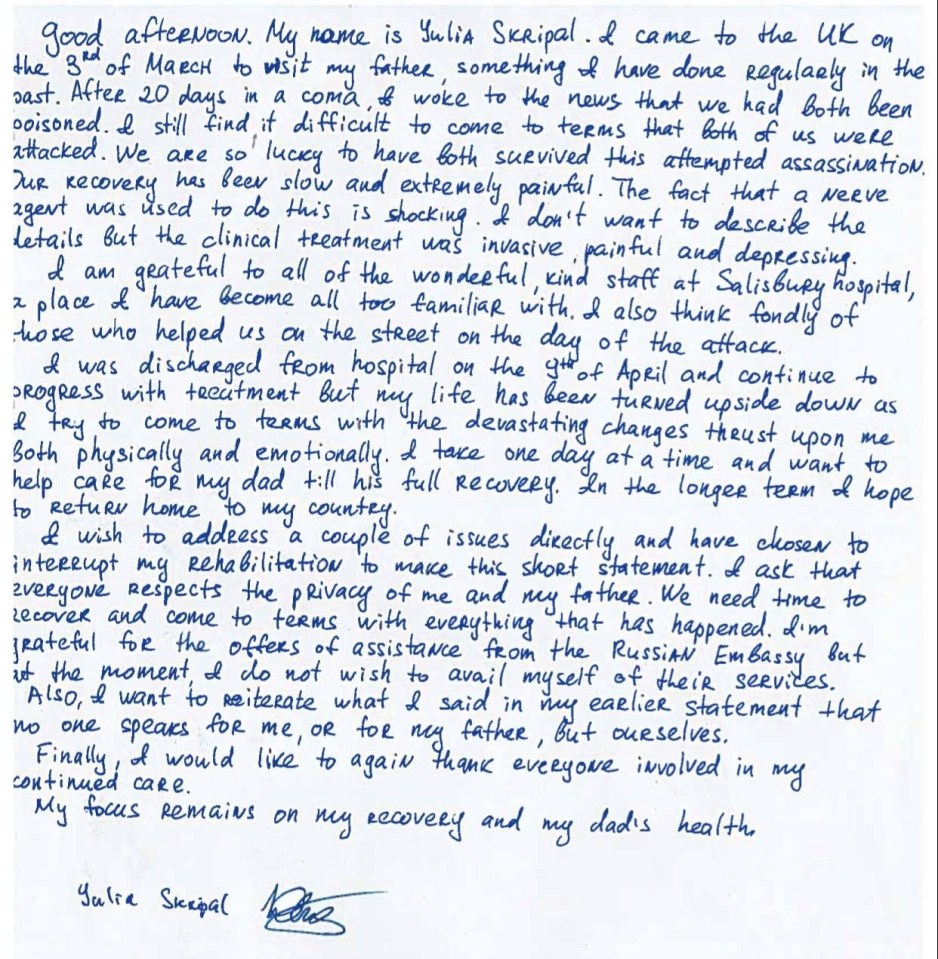 A scan of a signed handwritten statement in Russian by Yulia Skripal