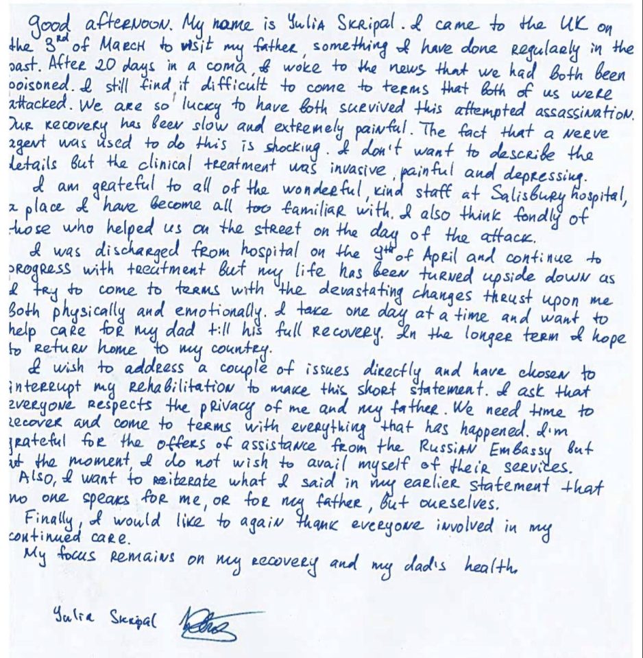  A scan of a signed handwritten statement in Russian by Yulia Skripal