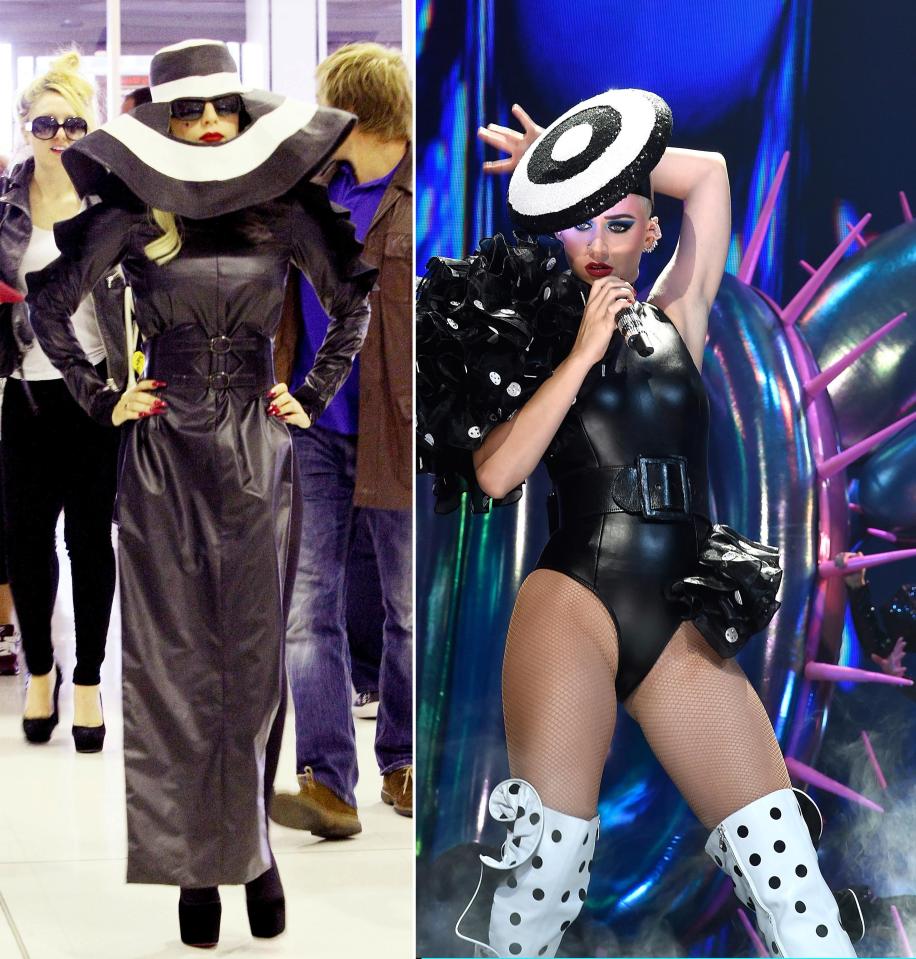  Black and white oversized headpieces combined with belted leather is definitely a unique look. But Katy put her own spin on it for a set on stage at her Witness tour.